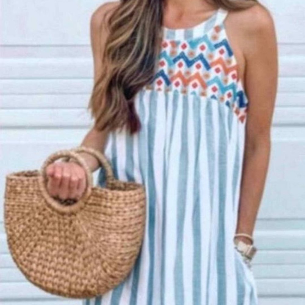 NWT Belinda Lady Blue White Stripes baby doll dress with pockets size S